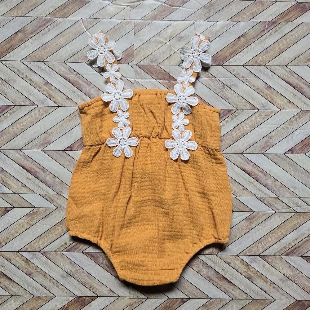 Mustard Yellow Baby Romper White Floral Crochet Detail Boho Summer Outfit 12-18M